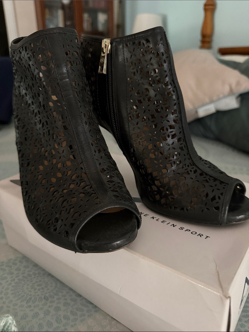 Ann Taylor Black Laser-Cut Peep-Toe Ankle Boots